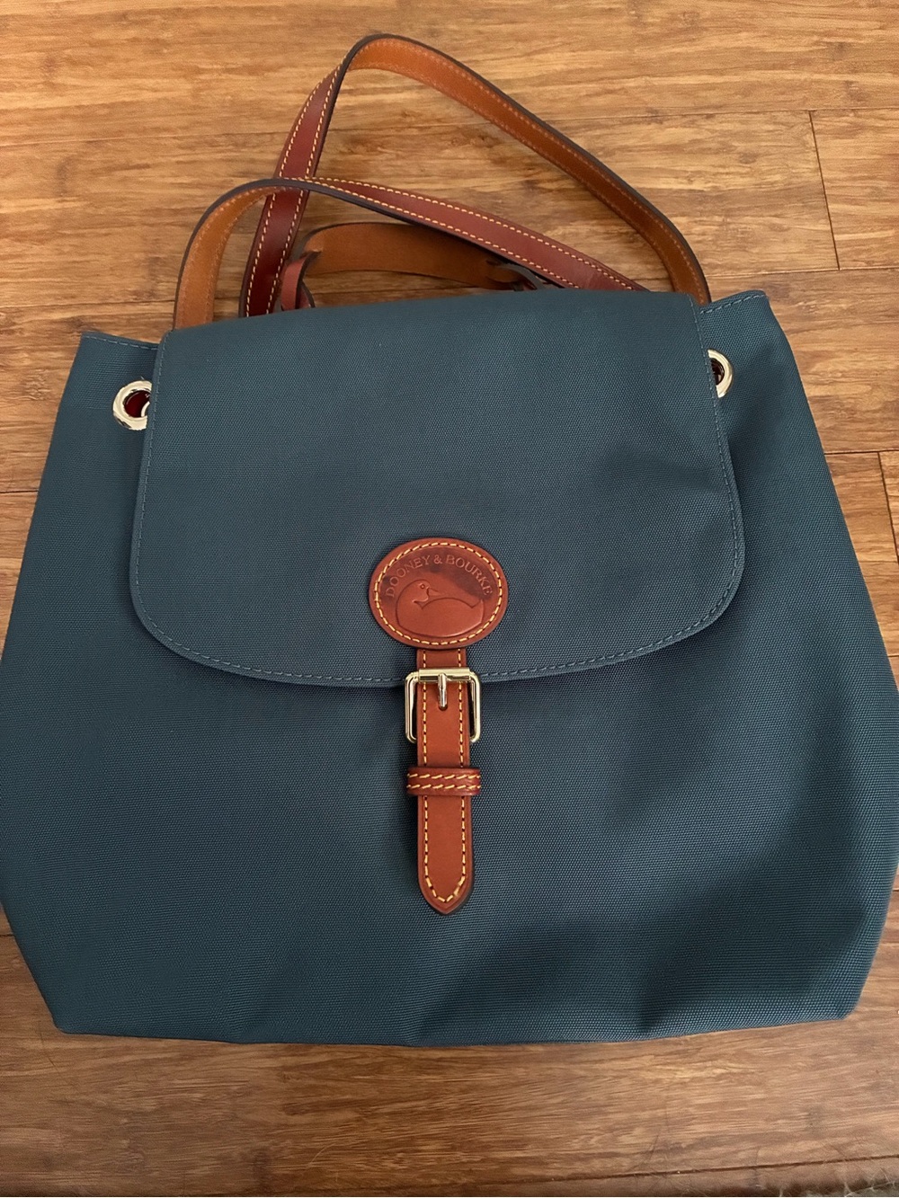 Dooney & Bourke Teal Shoulder Drawstring Bag with Brown Leather Trim